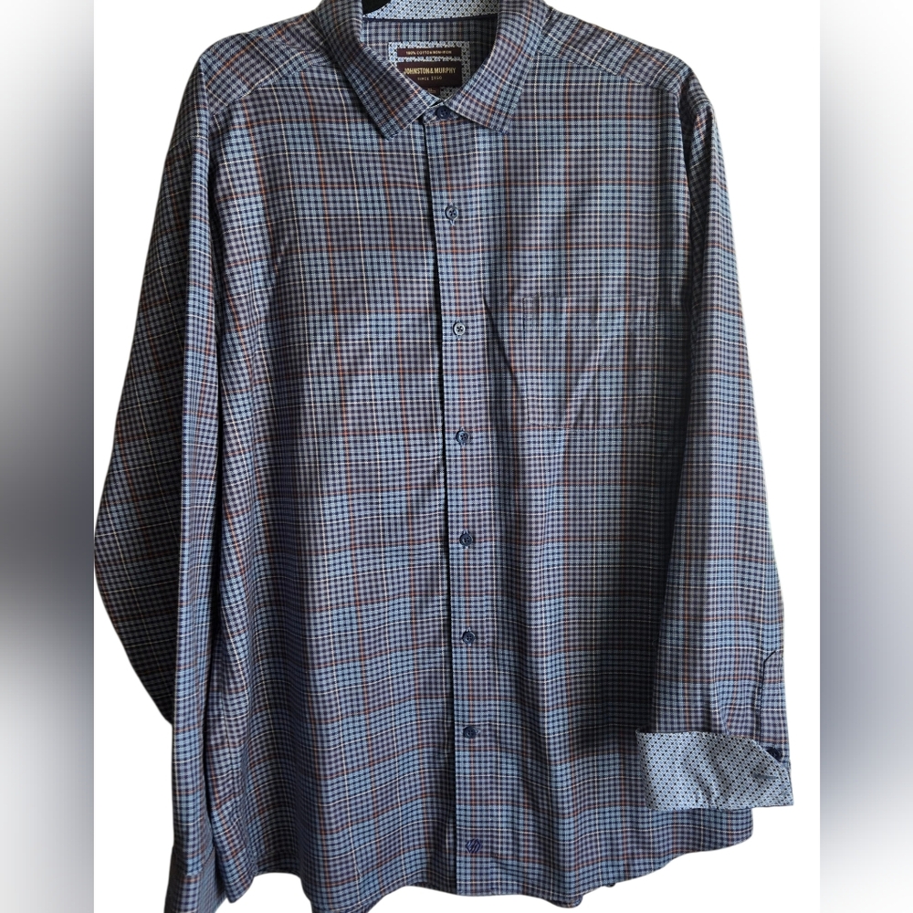 EUC Johnston & Murphy Mens XL Non-Iron Glen Plaid Blue Shirt